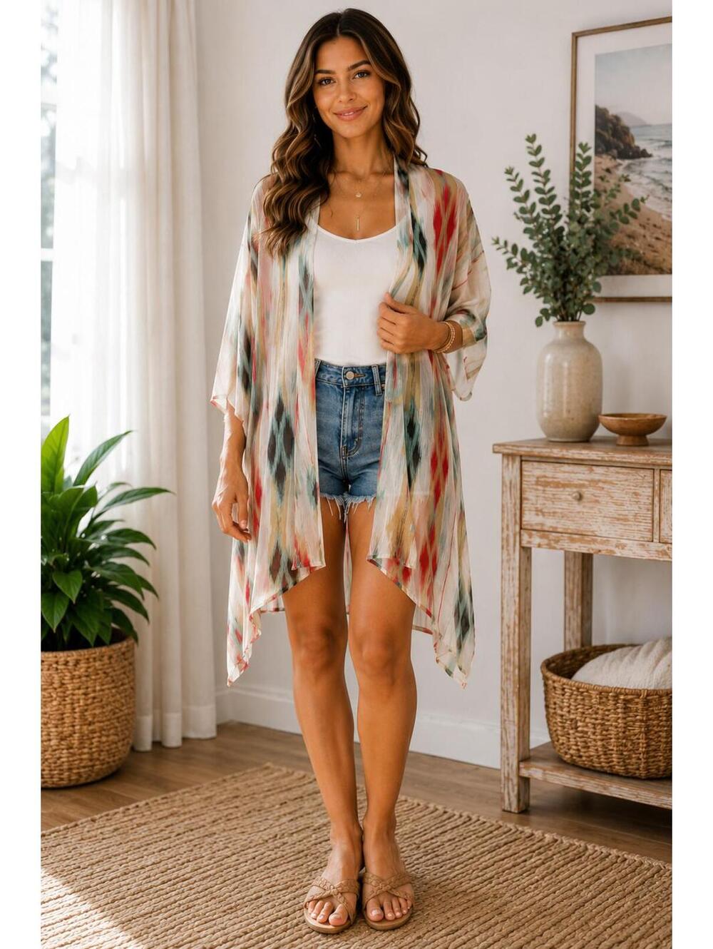 Boho Ikat Sheer Kimono Cardigan Duster Festival Layering Piece